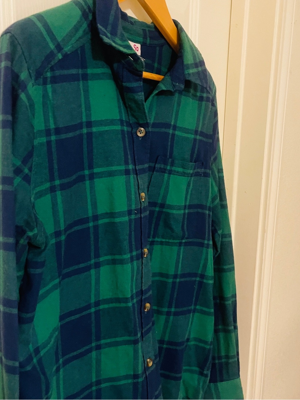 SO Green and Blue Plaid Casual Button-Down Shirt